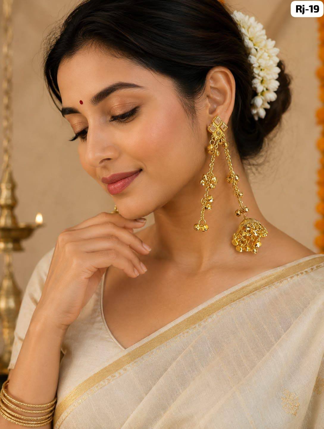Traditional Gold Plated Long Chain Earrings with Green Stone | पारंपरिक सोन्याचा मुलामा असलेले लांब साखळी इयररिंग्स