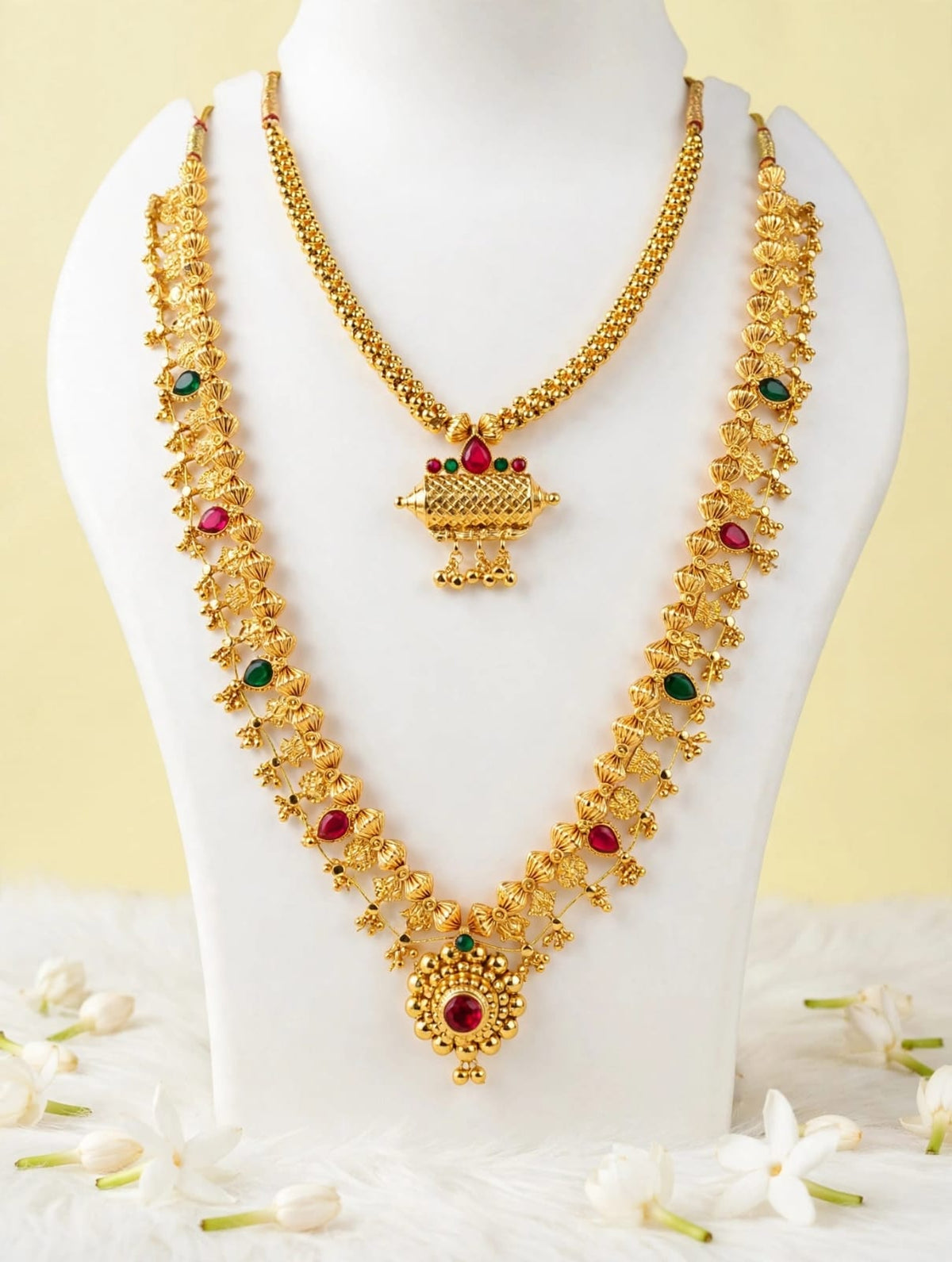 Traditional Gold-Plated Long & Short Necklace Combo Set | South Indian Saaj Jewelry Set