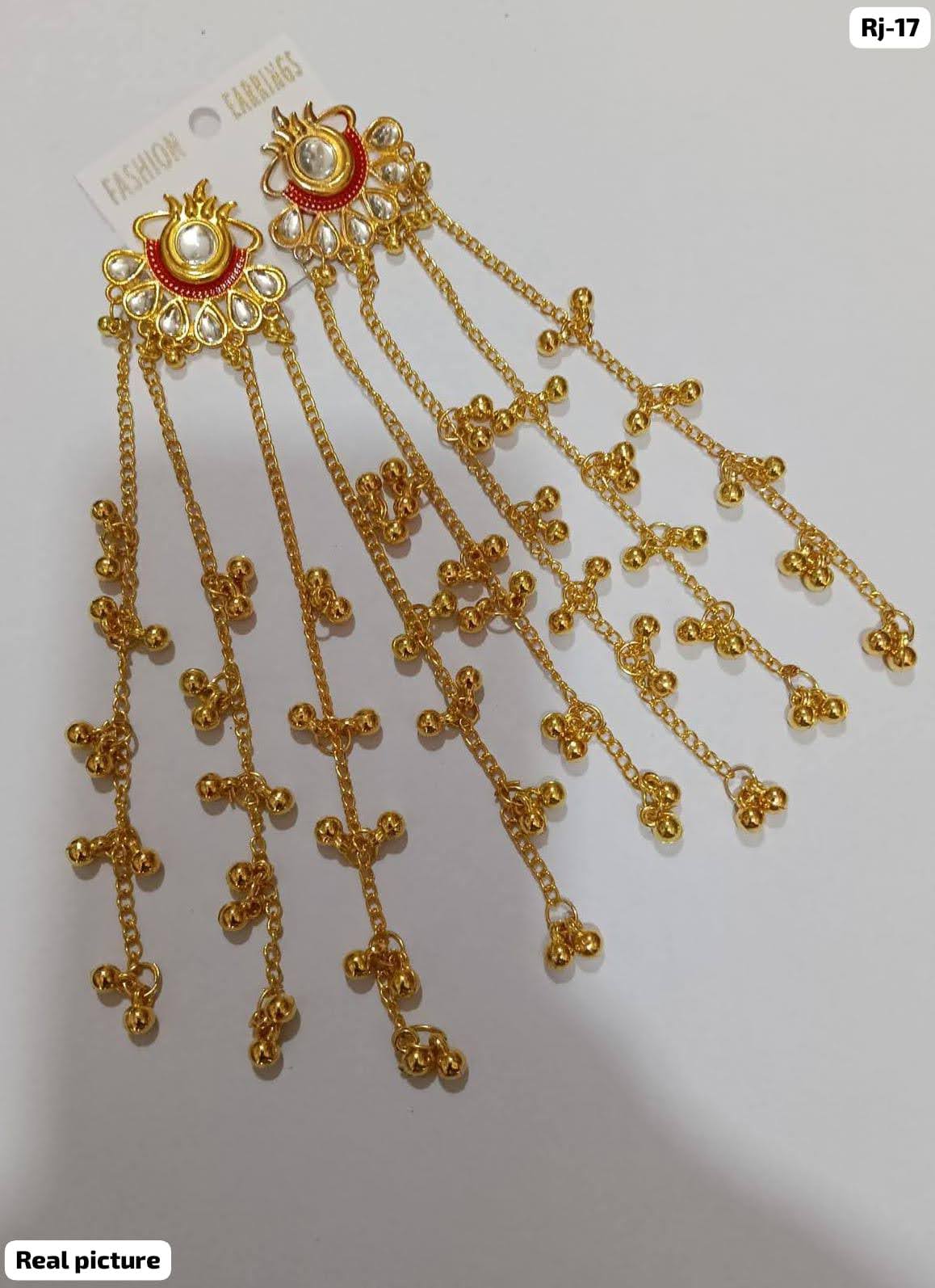 Traditional Gold Plated Long Chain Earrings with Green Stone | पारंपरिक सोन्याचा मुलामा असलेले लांब साखळी इयररिंग्स