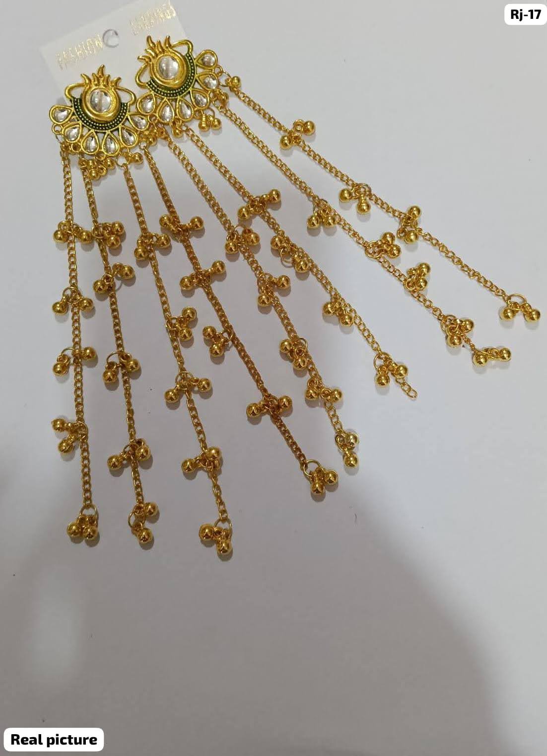 Traditional Gold Plated Long Chain Earrings with Green Stone | पारंपरिक सोन्याचा मुलामा असलेले लांब साखळी इयररिंग्स