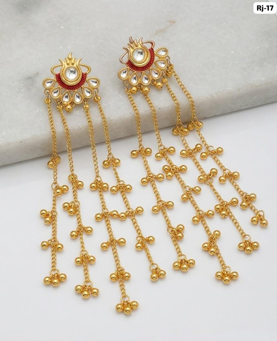 Traditional Gold Plated Long Chain Earrings with Green Stone | पारंपरिक सोन्याचा मुलामा असलेले लांब साखळी इयररिंग्स