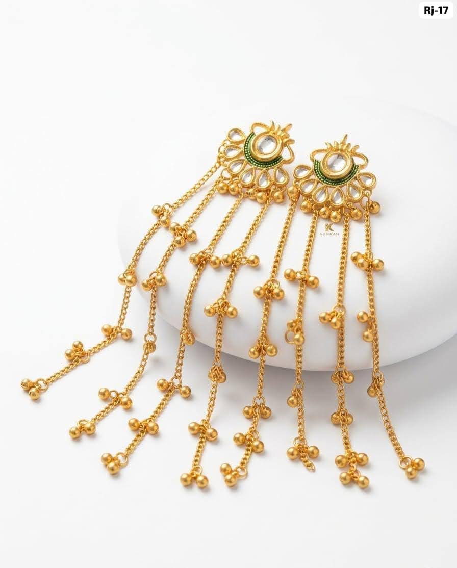 Traditional Gold Plated Long Chain Earrings with Green Stone | पारंपरिक सोन्याचा मुलामा असलेले लांब साखळी इयररिंग्स