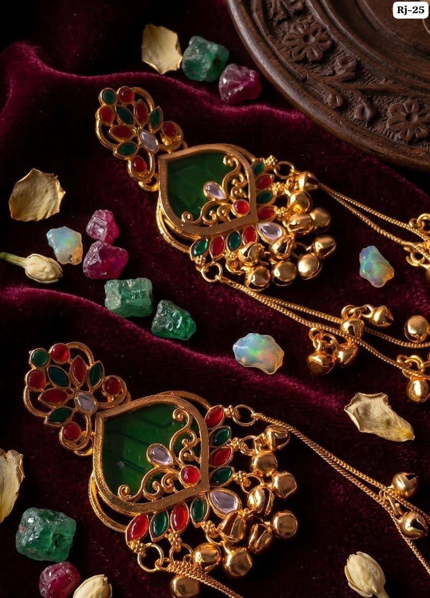 Traditional Gold Plated Long Chain Earrings with Green Stone | पारंपरिक सोन्याचा मुलामा असलेले लांब साखळी इयररिंग्स