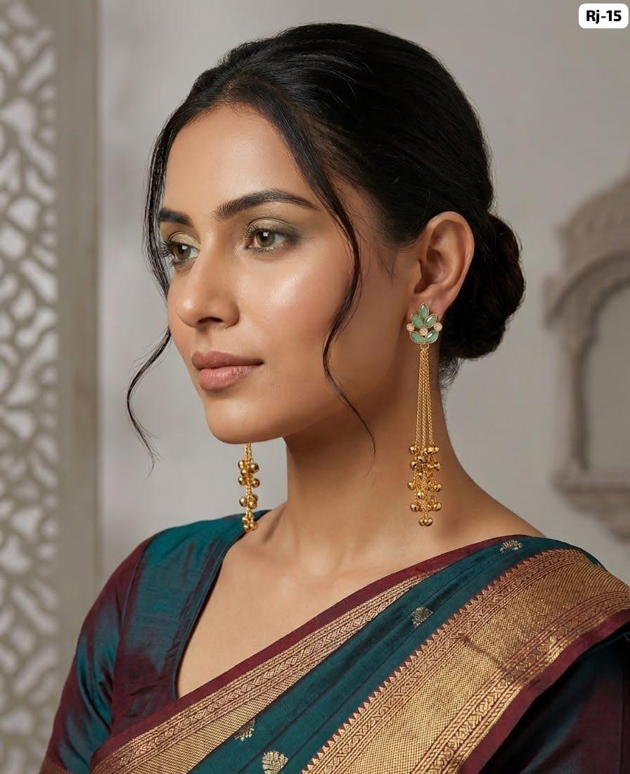 Traditional Gold Plated Long Chain Earrings with Green Stone | पारंपरिक सोन्याचा मुलामा असलेले लांब साखळी इयररिंग्स