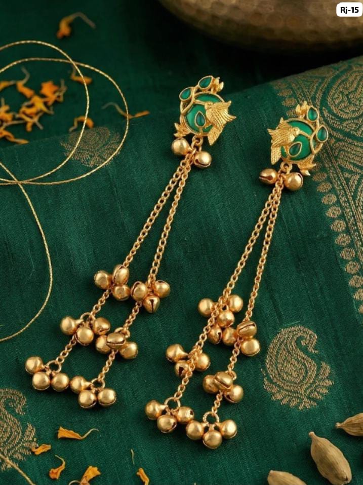 Traditional Gold Plated Long Chain Earrings with Green Stone | पारंपरिक सोन्याचा मुलामा असलेले लांब साखळी इयररिंग्स