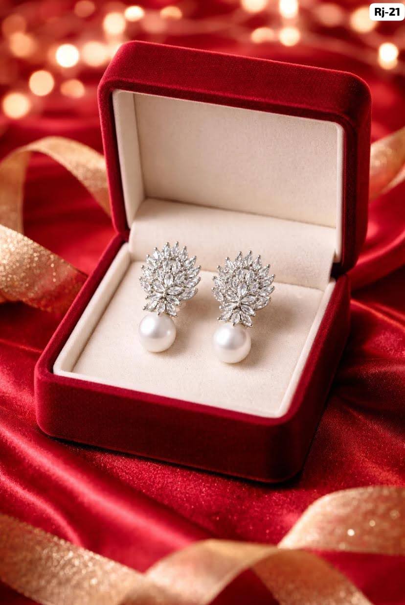 Rose Gold CZ Leaf Earrings with Pearl Drop for Women