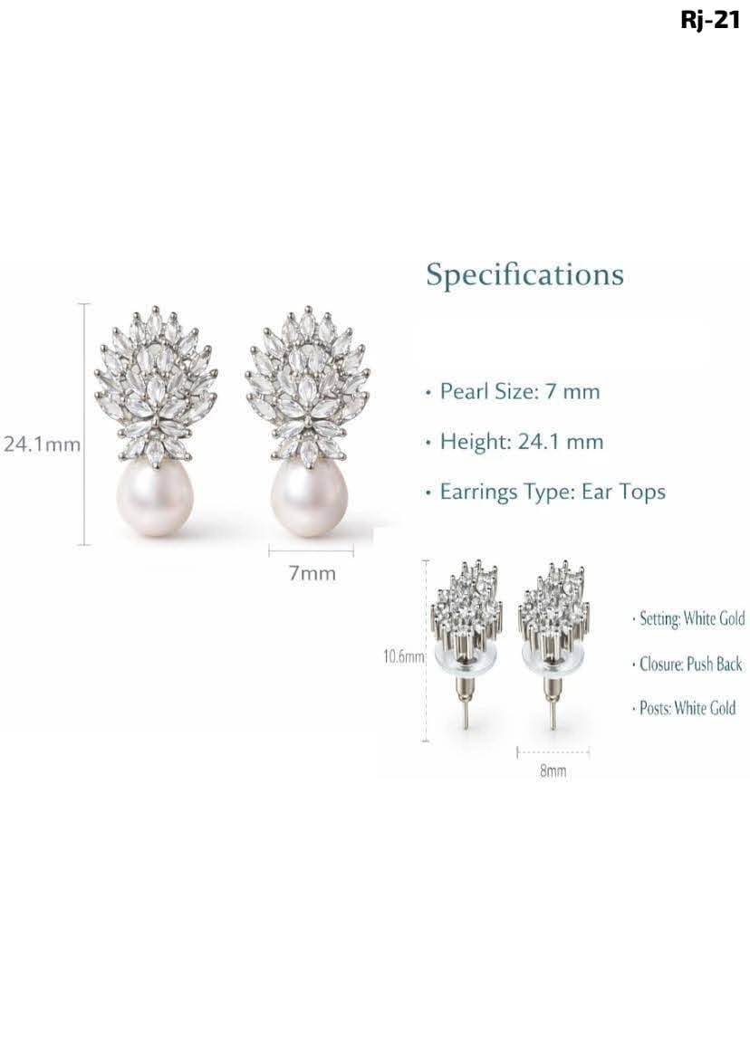 Rose Gold CZ Leaf Earrings with Pearl Drop for Women