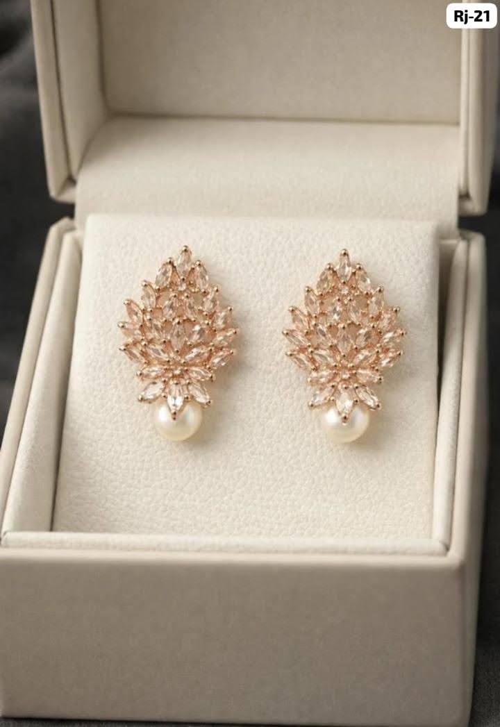 Rose Gold CZ Leaf Earrings with Pearl Drop for Women