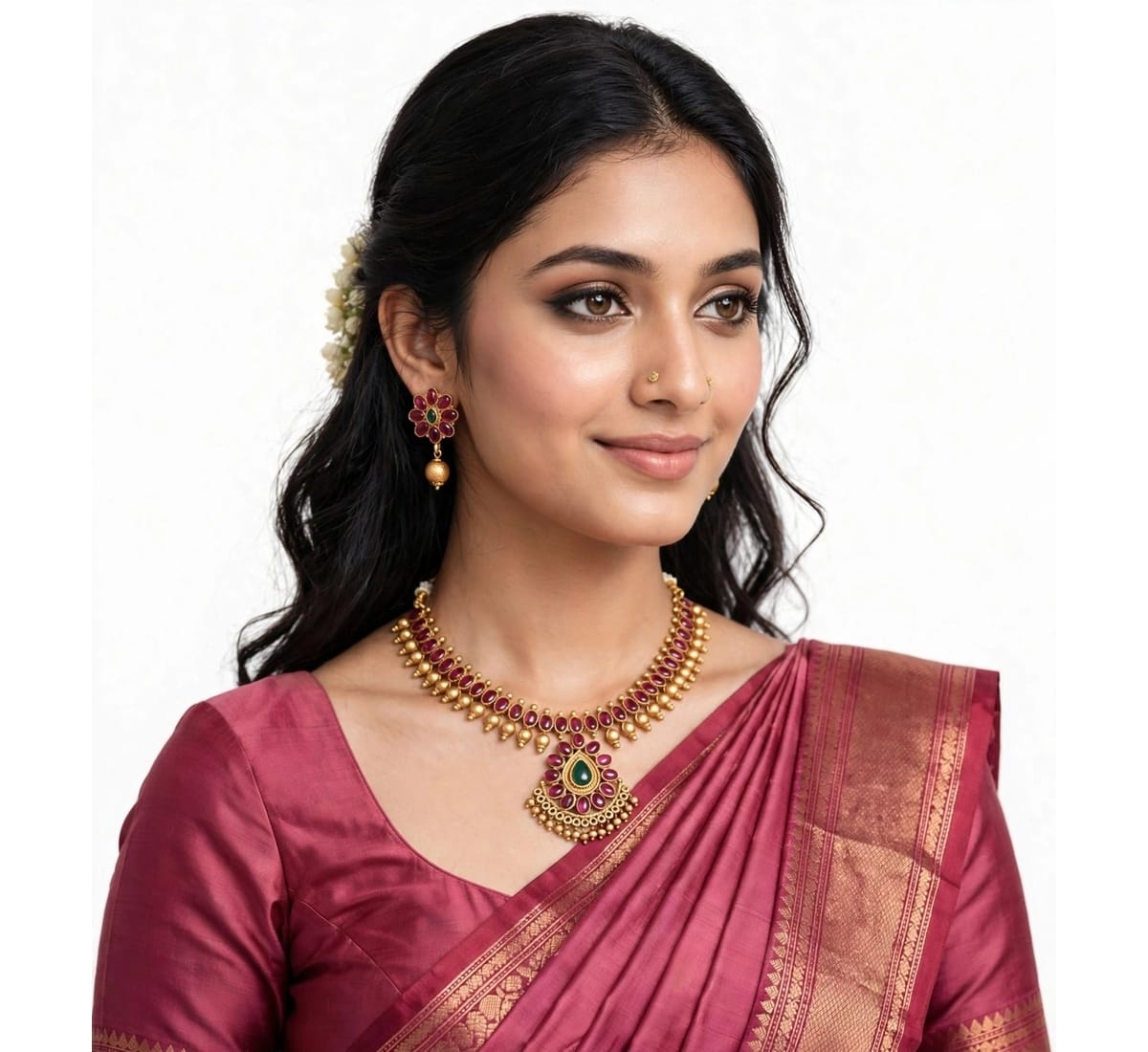 Traditional Gold Plated Pearl & Floral Choker Necklace Set with Matching Earrings