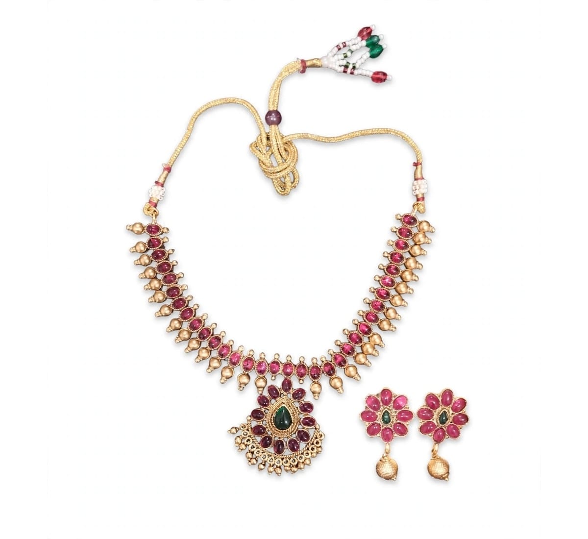 Traditional Gold Plated Pearl & Floral Choker Necklace Set with Matching Earrings