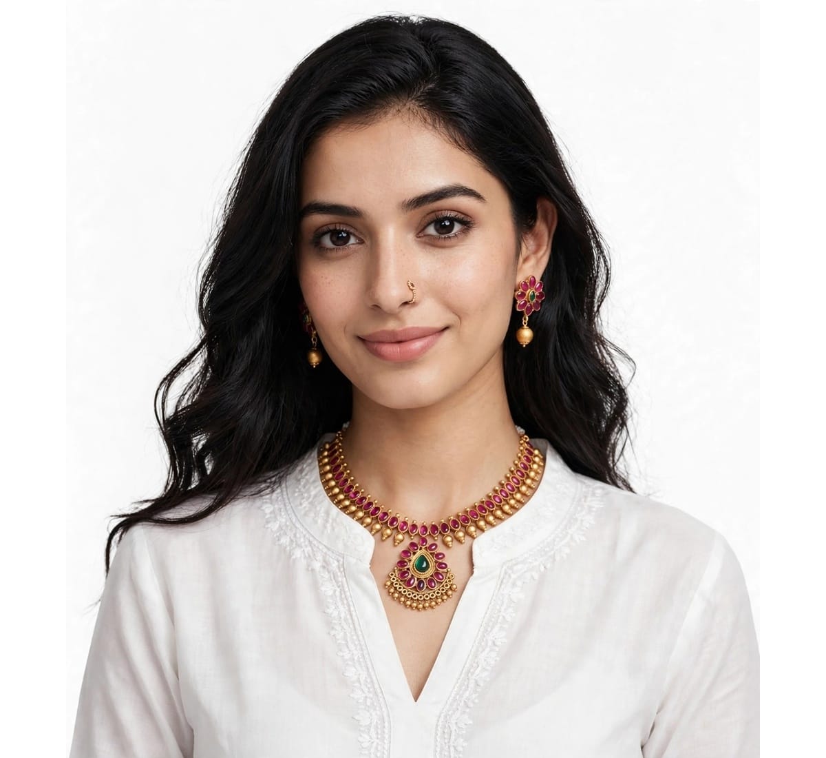 Traditional Gold Plated Pearl & Floral Choker Necklace Set with Matching Earrings