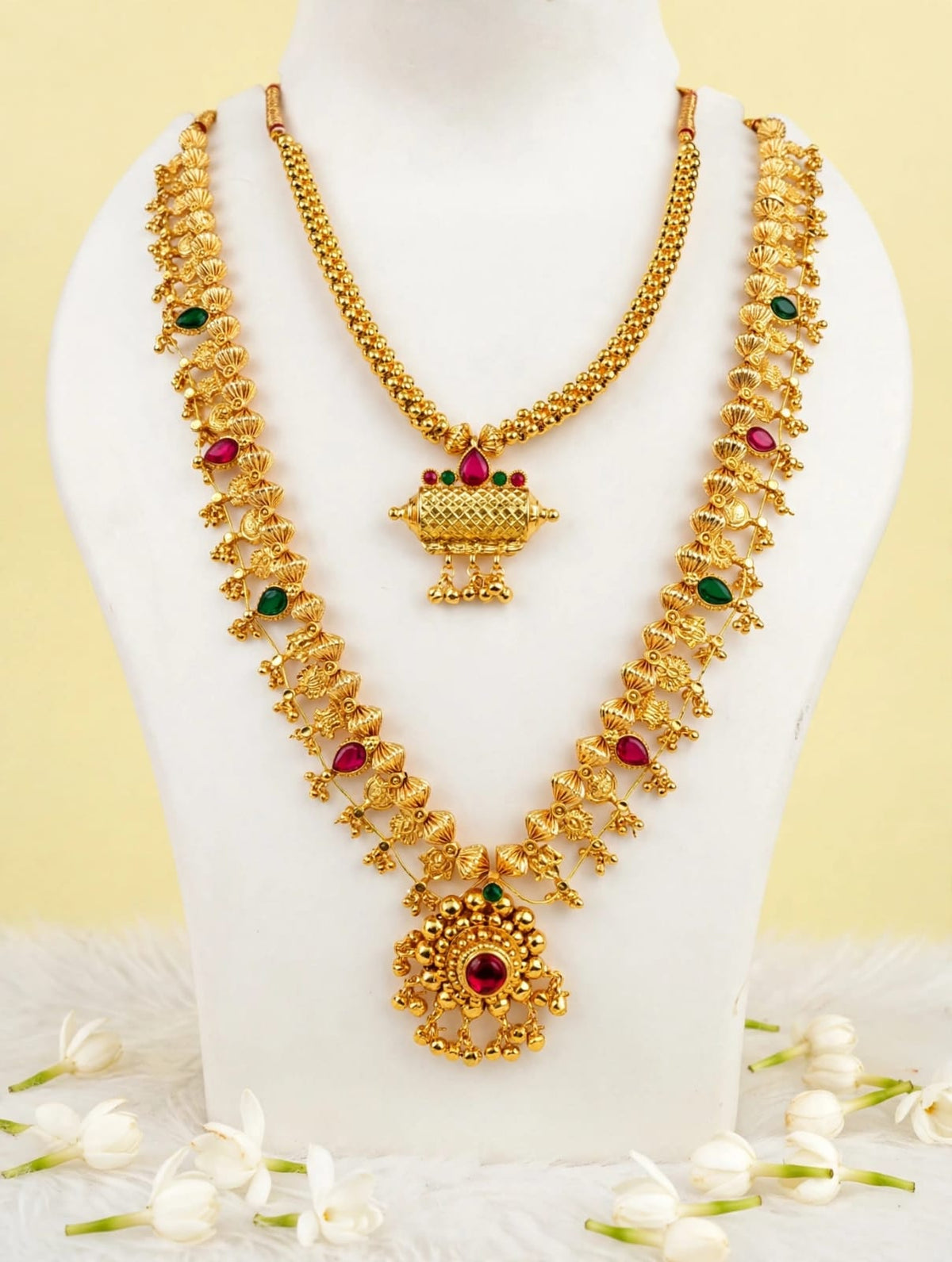 Traditional Gold-Plated Long & Short Necklace Combo Set | South Indian Saaj Jewelry Set