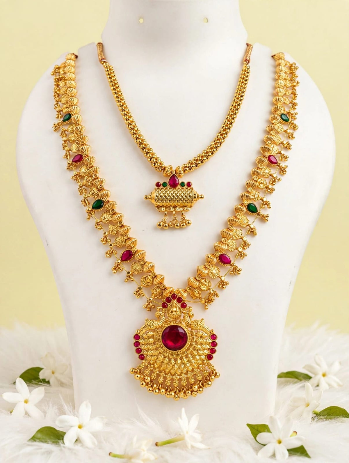Traditional Gold-Plated Long & Short Necklace Combo Set | South Indian Saaj Jewelry Set
