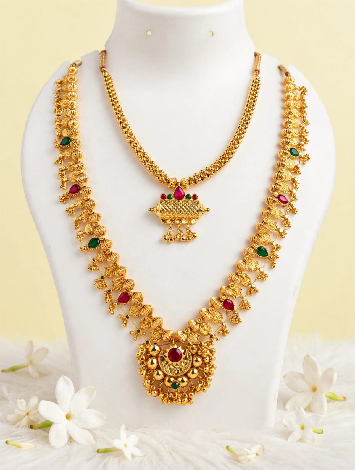 Traditional Gold-Plated Long & Short Necklace Combo Set | South Indian Saaj Jewelry Set
