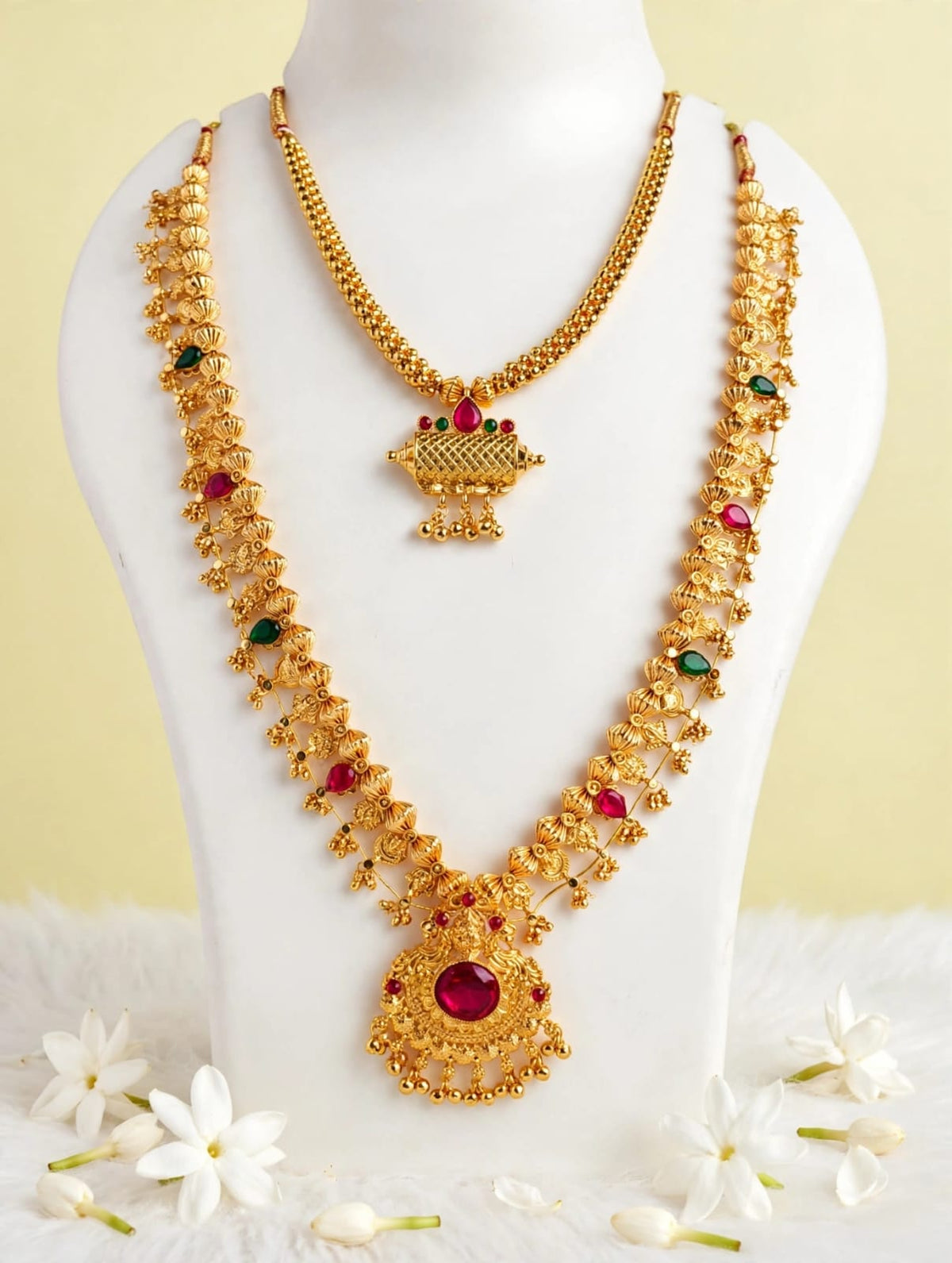 Traditional Gold-Plated Long & Short Necklace Combo Set | South Indian Saaj Jewelry Set