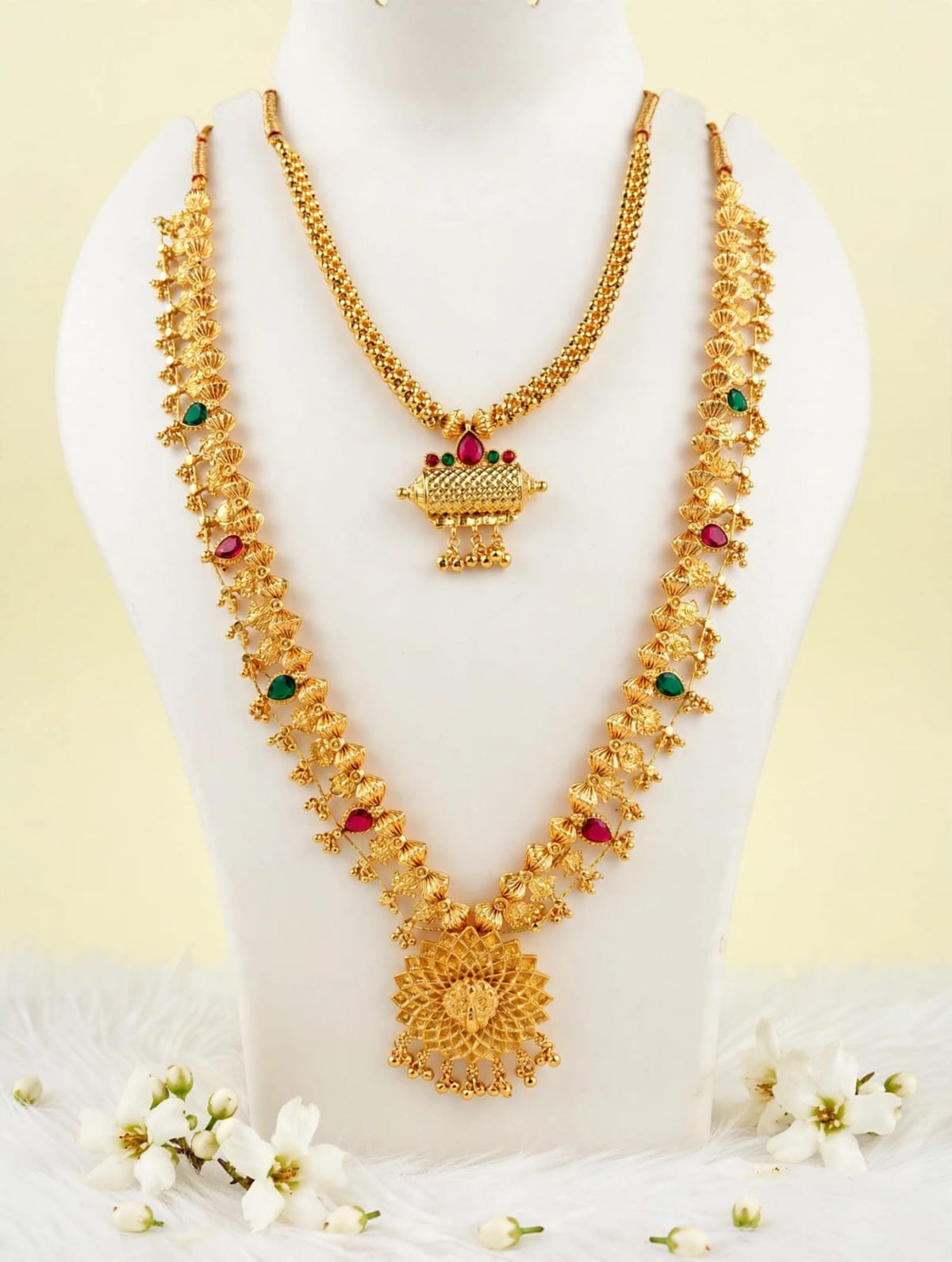 Traditional Gold-Plated Long & Short Necklace Combo Set | South Indian Saaj Jewelry Set