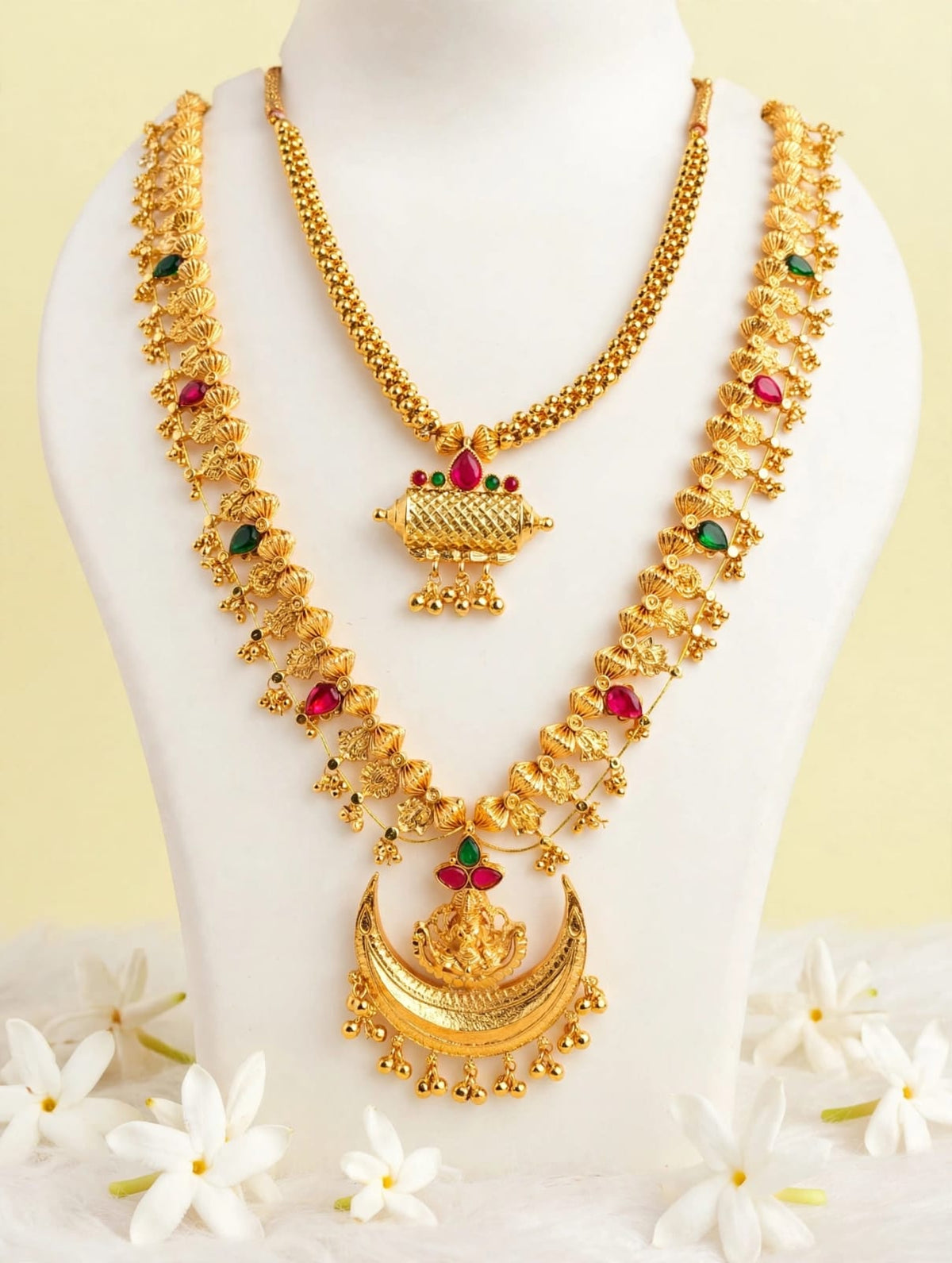 Traditional Gold-Plated Long & Short Necklace Combo Set | South Indian Saaj Jewelry Set