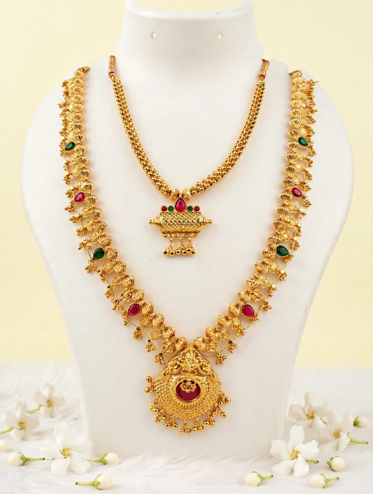 Traditional Gold-Plated Long & Short Necklace Combo Set | South Indian Saaj Jewelry Set