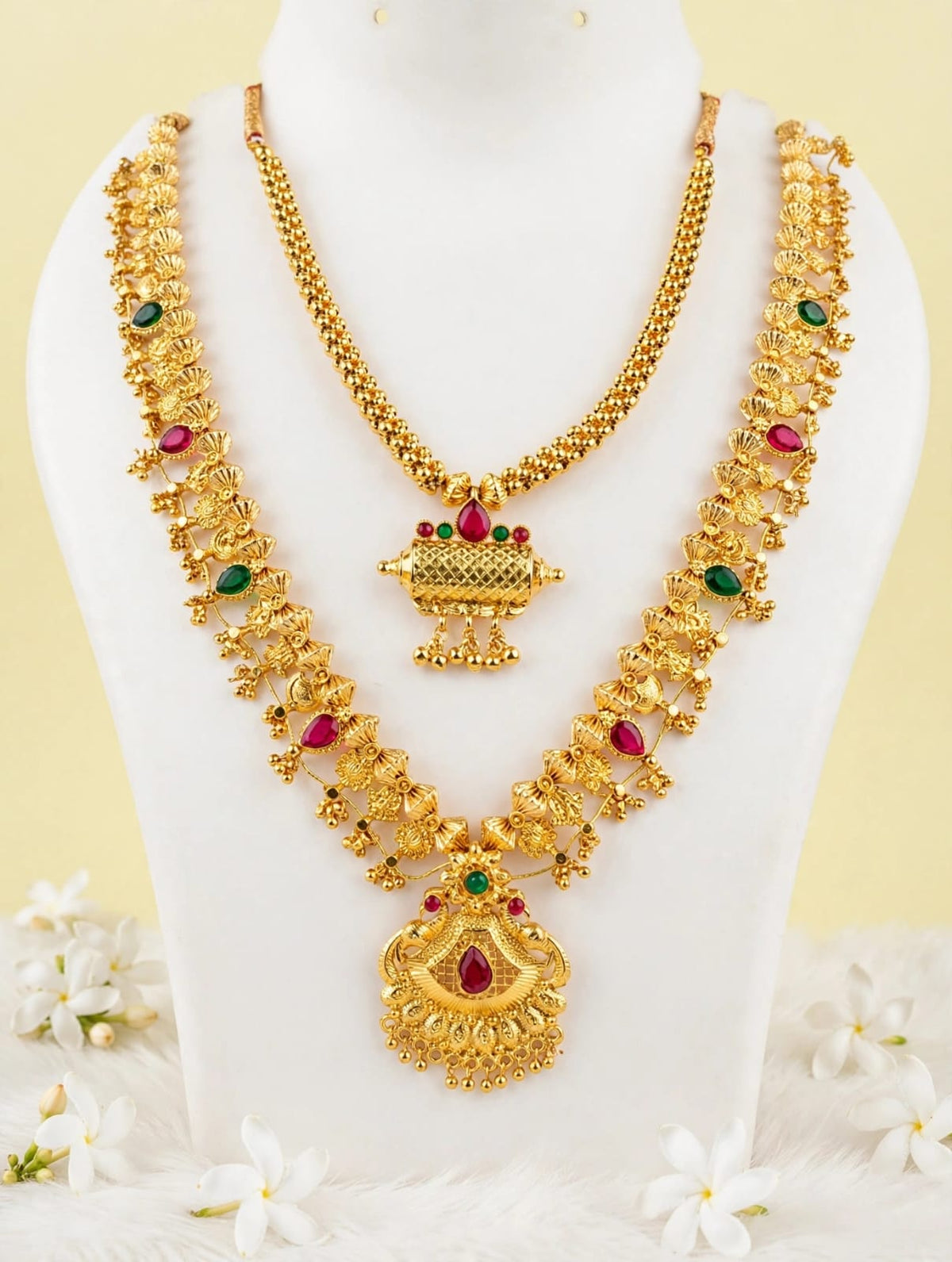 Traditional Gold-Plated Long & Short Necklace Combo Set | South Indian Saaj Jewelry Set