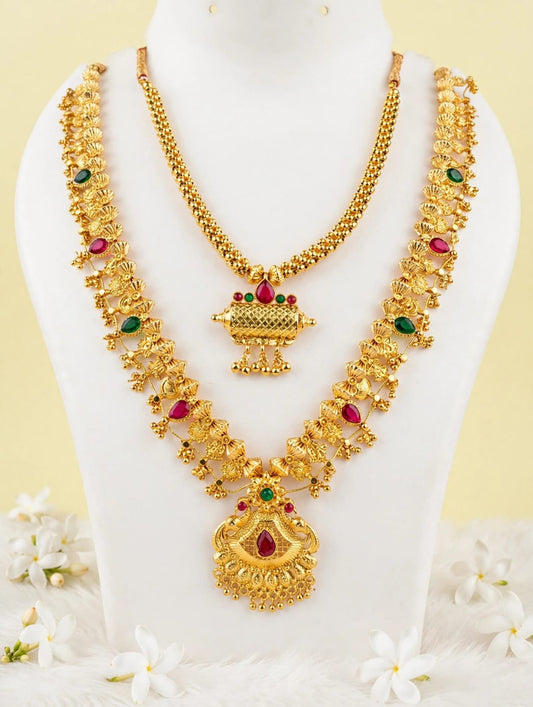 Traditional Gold-Plated Long & Short Necklace Combo Set | South Indian Saaj Jewelry Set